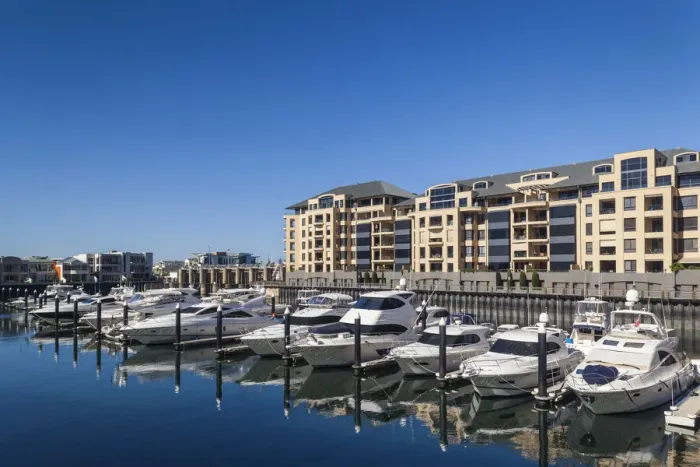 Framed Print : Australia, South Australia, Gelnelg, buildings by the Glenelg Marina