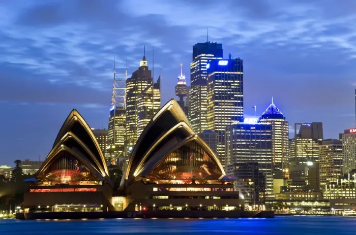 Framed Print : Australia, Sydney, View across Sydney harbour to Sydney Opera House & skyline at dusk Framed Print : Australia, Sydney, View across Sydney harbour to Sydney Opera House & skyline at dusk