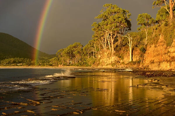 Australia, Tasmania, Eaglehawk Neck, Rainbow over the Tessellated Pavement