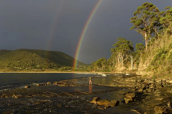 Australia, Tasmania, Eaglehawk Neck, Rainbow over the Tessellated Pavement