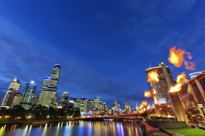 Framed Print : Australia, Victoria, Melbourne, City and Yarra River with flames coming from display Framed Print : Australia, Victoria, Melbourne, City and Yarra River with flames coming from display