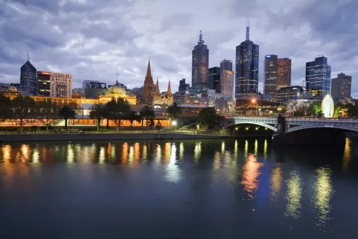 Framed Print : Australia, Victoria, Melbourne. Yarra River and city skyline by night