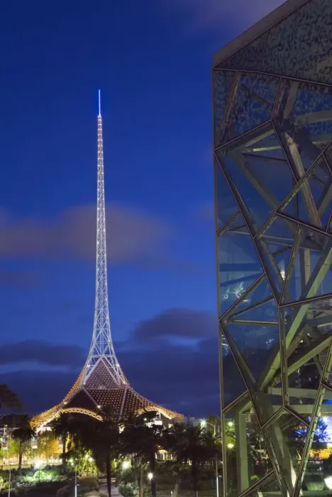 Framed Print : Australia, Victoria, Melbourne. Glass and steel architecture of Federation Square with the spire of the Theatres Framed Print : Australia, Victoria, Melbourne. Glass and steel architecture of Federation Square with the spire of the Theatres