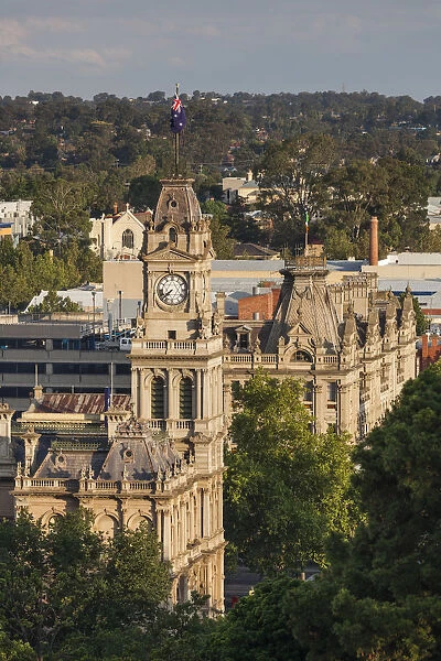 Australia, Victoria, VIC, Bendigo, Town Hall and Shamrock Hotel, elevated view, sunset