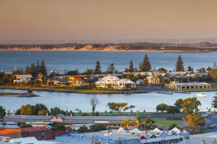 Framed Print : Australia, Western Australia, Bunbury, elevated town view from Boulters Heights, dusk Framed Print : Australia, Western Australia, Bunbury, elevated town view from Boulters Heights, dusk