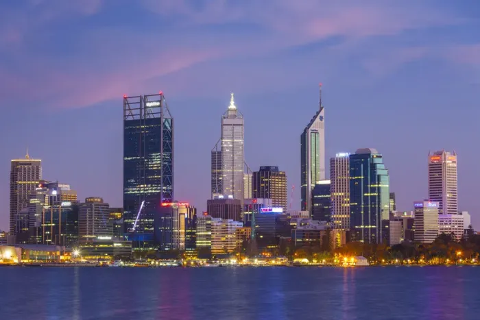 Framed Print : Australia, Western Australia, Perth, city skyline from Swan River, dawn Framed Print : Australia, Western Australia, Perth, city skyline from Swan River, dawn