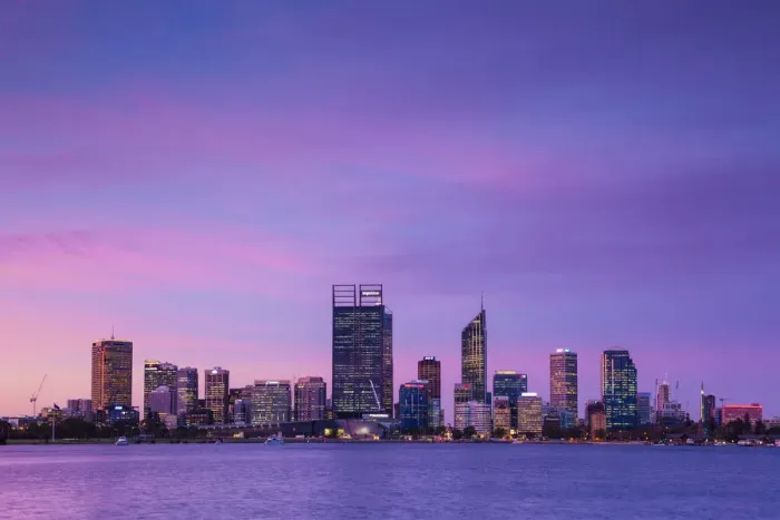 Framed Print : Australia, Western Australia, Perth, city skyline from Swan River, dusk Framed Print : Australia, Western Australia, Perth, city skyline from Swan River, dusk