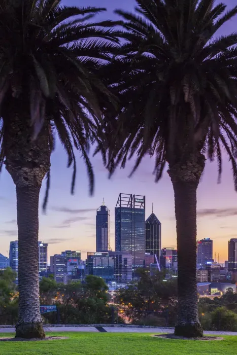 Framed Print : Australia, Western Australia, Perth, city skyline from Kings Park, dawn Framed Print : Australia, Western Australia, Perth, city skyline from Kings Park, dawn