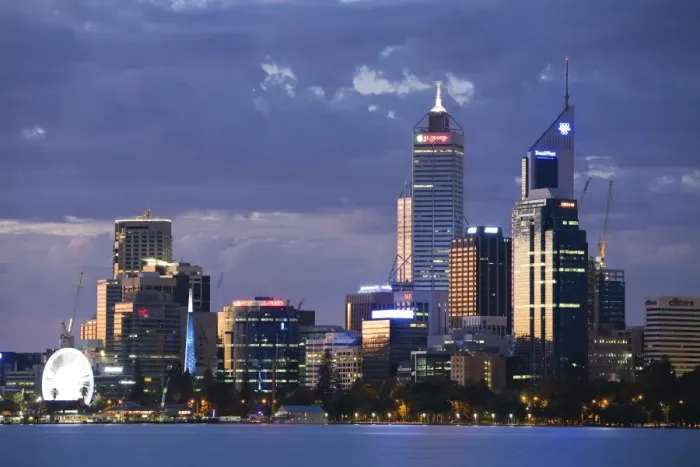 Framed Print : Australia, Western Australia, Perth. The Swan River and city skyline at dusk