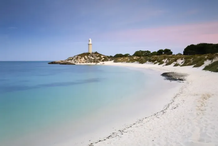 Framed Print : Australia, Western Australia, Rottnest Island. View along Pinky Beach to Bathurst lighthouse at dusk Framed Print : Australia, Western Australia, Rottnest Island. View along Pinky Beach to Bathurst lighthouse at dusk