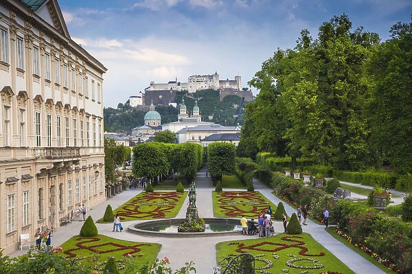 Austria, Salzburg, View of Hohensalzburg Castle from Mirabell Palace and Gardens