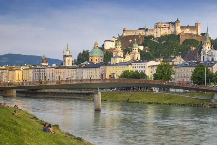 Framed Print : Austria, Salzburg, View of Makartsteg bridge over Salzach River and Hohensalzburg