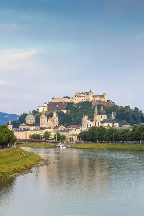 Framed Print : Austria, Salzburg, View of Makartsteg bridge over Salzach River and Hohensalzburg