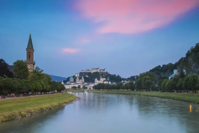 Framed Print : Austria, Salzburg, View of the Protestant parish Salzburg Christ Church, Salzach River