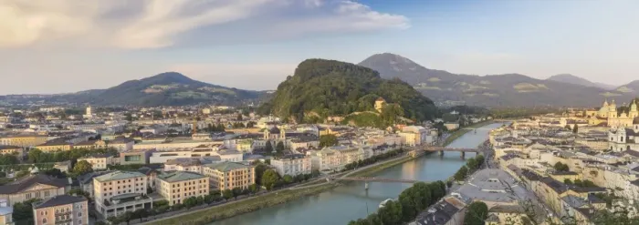 Framed Print : Austria, Salzburg, View of Salzach River The Old City to the right and the New City Framed Print : Austria, Salzburg, View of Salzach River The Old City to the right and the New City