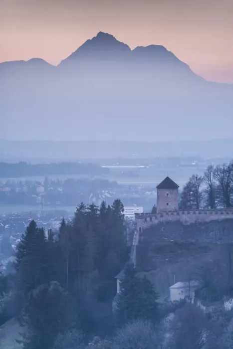 Framed Print : Austria, Salzburgerland, Salzburg, Richterhohe fortress and mountains, winter. dusk