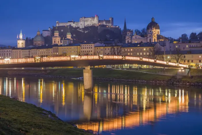 Framed Print : Austria, Salzburgerland, Salzburg, city view from the Salzach River, dusk Framed Print : Austria, Salzburgerland, Salzburg, city view from the Salzach River, dusk