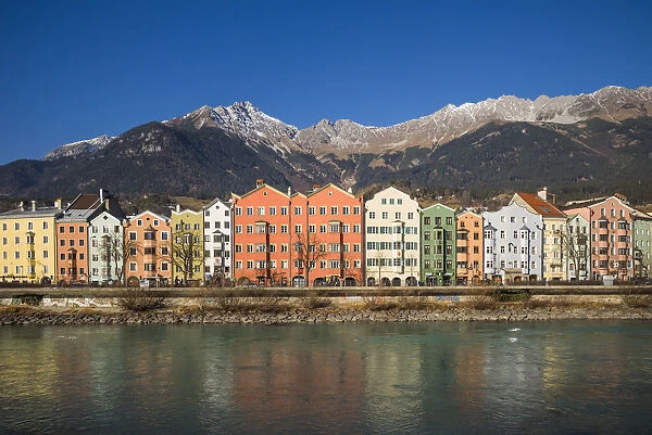 Austria, Tyrol, Innsbruck, buildings along the Inn River riverfront