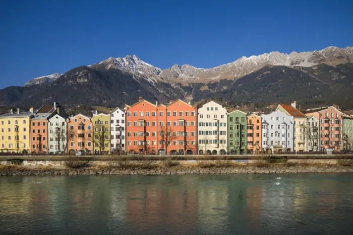 Framed Print : Austria, Tyrol, Innsbruck, buildings along the Inn River riverfront Framed Print : Austria, Tyrol, Innsbruck, buildings along the Inn River riverfront