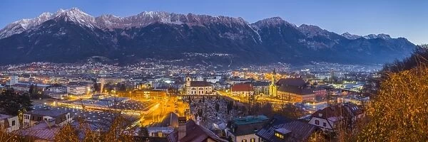 Austria, Tyrol, Innsbruck, elevated city view with the Wilten Basilica and Wilten Abbey Church
