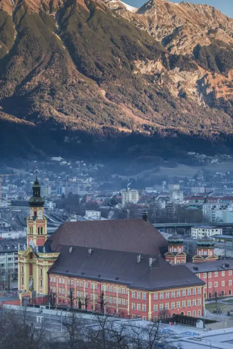 Framed Print : Austria, Tyrol, Innsbruck, elevated view of the Wilten Abbey Church, dawn, winter Framed Print : Austria, Tyrol, Innsbruck, elevated view of the Wilten Abbey Church, dawn, winter