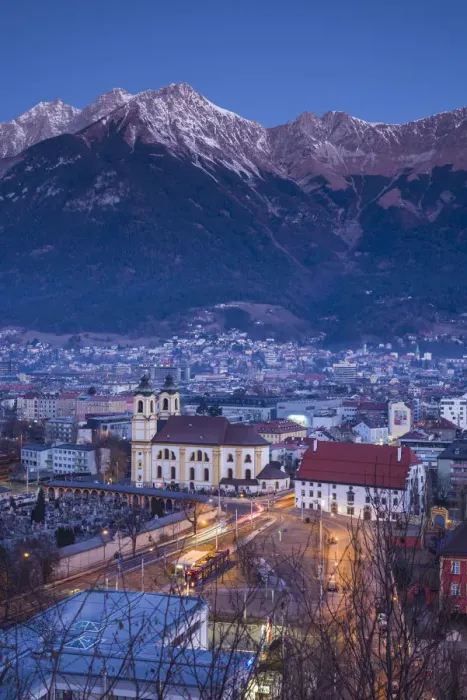 Framed Print : Austria, Tyrol, Innsbruck, elevated view of the Wilten Basilica, dawn, winter Framed Print : Austria, Tyrol, Innsbruck, elevated view of the Wilten Basilica, dawn, winter