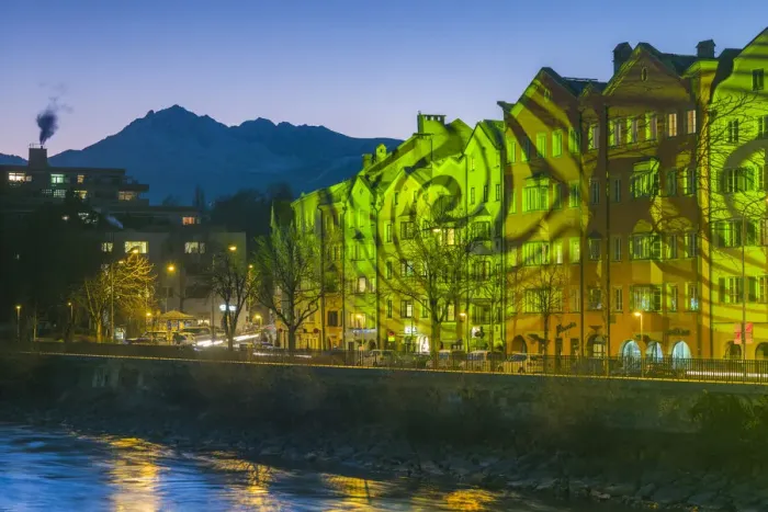 Framed Print : Austria, Tyrol, Innsbruck, New Years Eve, laser projections on buildings, evening