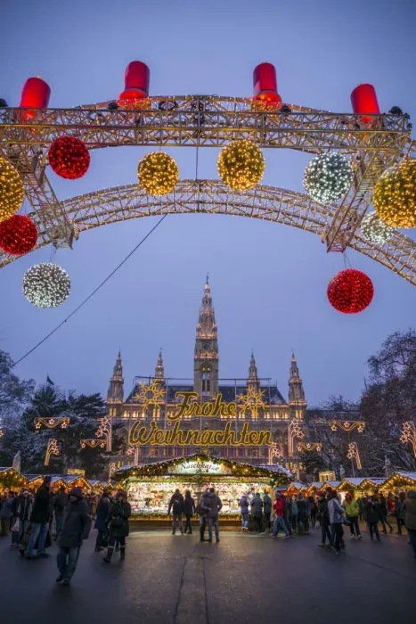 Framed Print : Austria, Vienna, Rathausplatz Christmas Market by Town Hall, evening