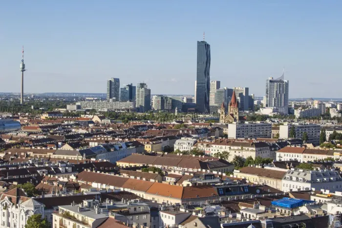 Framed Print : Austria, Vienna, View of city Skyline looking towards DC Tower at Donau City - to Framed Print : Austria, Vienna, View of city Skyline looking towards DC Tower at Donau City - to