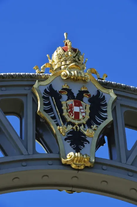 Framed Print : Austrian coat of arms on the countries bridge between Bavaria and Salzburg, running Framed Print : Austrian coat of arms on the countries bridge between Bavaria and Salzburg, running