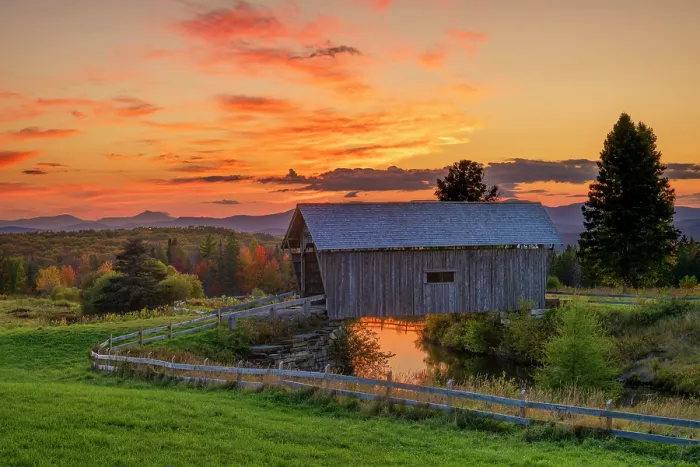 Framed Print : Autumn at A.M. Foster Bridge with pond reflection, Cabot, Vermont, USA Framed Print : Autumn at A.M. Foster Bridge with pond reflection, Cabot, Vermont, USA