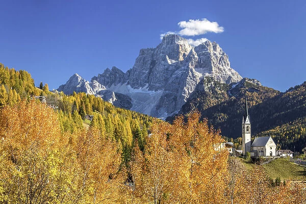 Autumn colors in Selva of Cadore with Mount Pelmo in the background. Dolomites. Cadore
