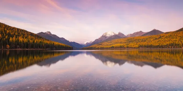 Framed Print : Autumn colours at sunset on Bowman Lake, Glacier National Park, Montana, USA
