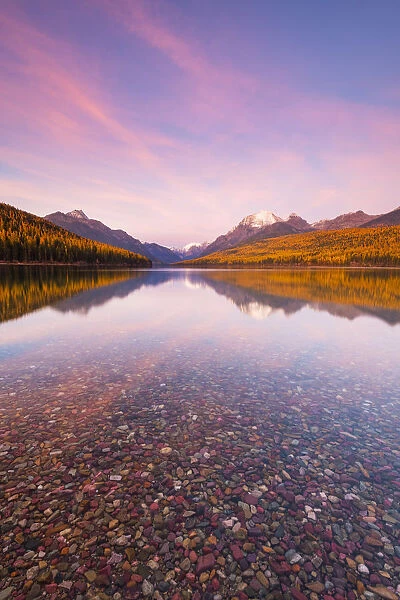Autumn colours at sunset on Bowman Lake, Glacier National Park, Montana, USA