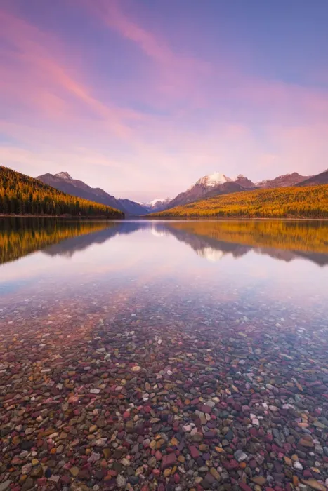 Framed Print : Autumn colours at sunset on Bowman Lake, Glacier National Park, Montana, USA