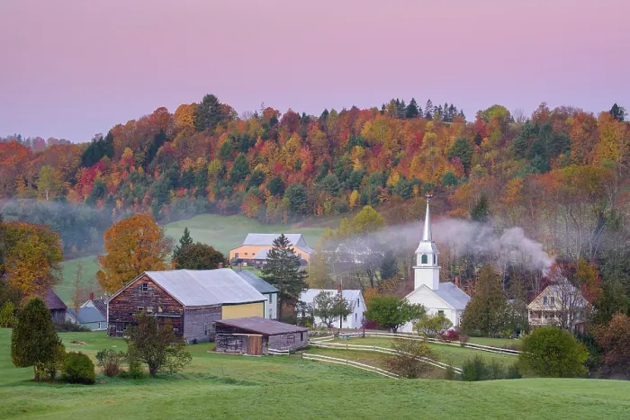 Framed Print : Autumn dawn with fog over white-steeple church and barn, Green Mountains, East Corinth, Vermont, USA Framed Print : Autumn dawn with fog over white-steeple church and barn, Green Mountains, East Corinth, Vermont, USA