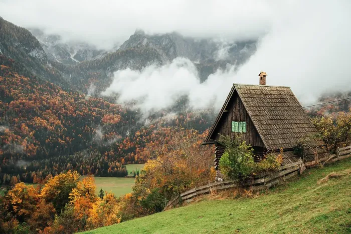 Framed Print : Autumn in Julian Alps. Cabin and clouds. Slovenia Framed Print : Autumn in Julian Alps. Cabin and clouds. Slovenia