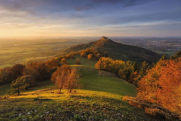 Autumn landscape, Hohenzollern Castle, dawn, hoar frost, Swabian Jura, Zollernalb, Hechingen, Baden-Wurttemberg, Germany, Europe