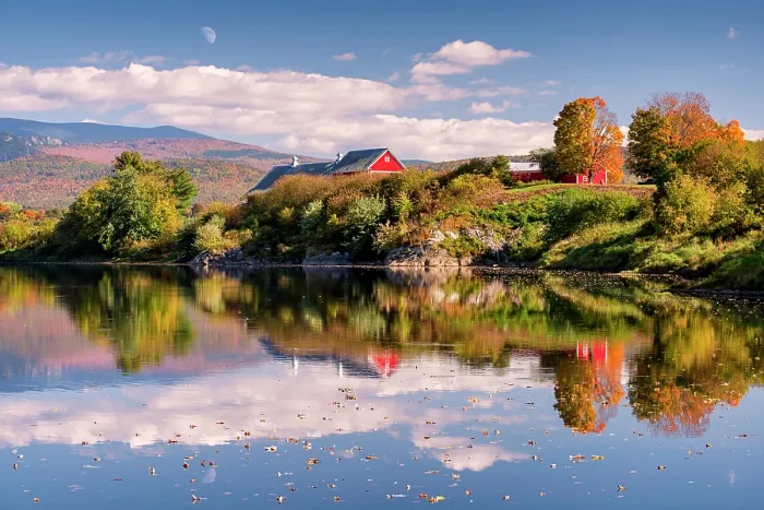 Framed Print : Autumn reflection on Connecticut River with red barn and moon, Newbury, Vermont, USA Framed Print : Autumn reflection on Connecticut River with red barn and moon, Newbury, Vermont, USA