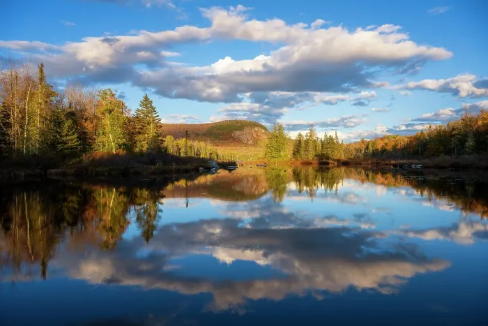 Framed Print : Autumn reflection in Turtlehead Pond with clouds, Green Mountains, Marshfield, Vermont, USA