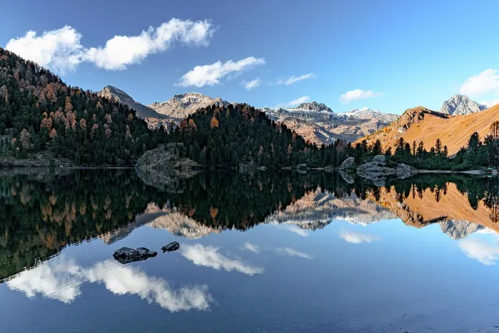 Framed Print : Autumn reflections at Lake Cavloc, Forno Valley, Maloja Pass, Engadin, Graubunden, Switzerland Framed Print : Autumn reflections at Lake Cavloc, Forno Valley, Maloja Pass, Engadin, Graubunden, Switzerland