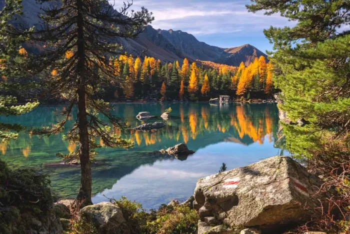 Framed Print : Autumn reflections at Saoseo Lake, Poschiavo Valley, Canton of Graubuenden Switzerland Framed Print : Autumn reflections at Saoseo Lake, Poschiavo Valley, Canton of Graubuenden Switzerland
