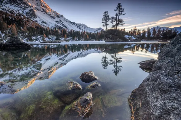 Framed Print : Autumn reflections at Saoseo Lake still partially frozen Poschiavo Valley Canton of Framed Print : Autumn reflections at Saoseo Lake still partially frozen Poschiavo Valley Canton of