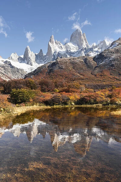 Autumn scenery with lake reflection and Fitz Roy range in the background