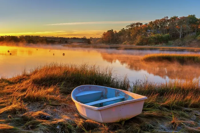Framed Print : Autumn sunrise on a Cape Cod marsh with rowboat, Harwich, Massachusetts, USA