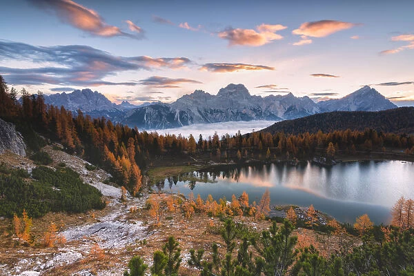 Autumn sunrise at Lake Federa, Cortina d Ampezzo, Veneto, Italy