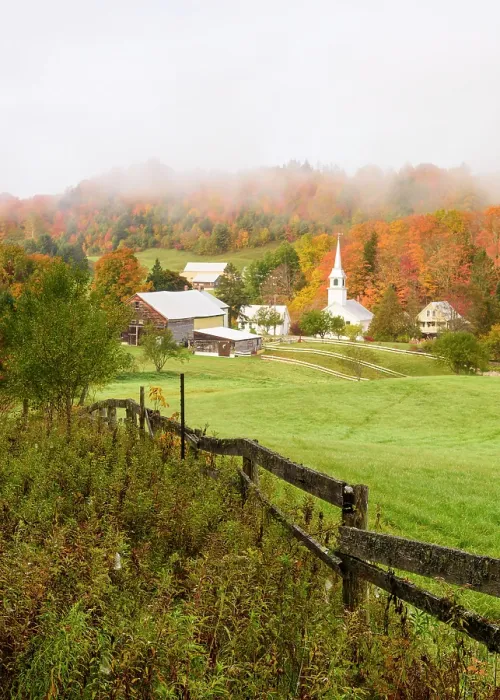 Framed Print : Autumn sunrise over white-steeple church and barn, Green Mountains, East Corinth, Vermont, USA