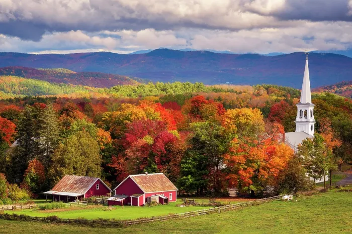 Framed Print : Autumn sunset over white-steeple church and red barns, Green Mountains, Peacham, Vernont, USA