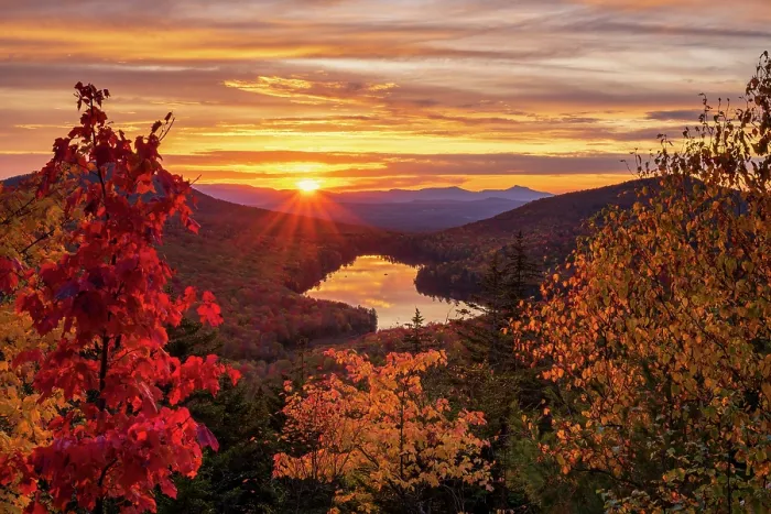 Framed Print : Autumn sunst from Owl's Head Mountain over Kettle Pond, Groton State Forest, Vermont, USA