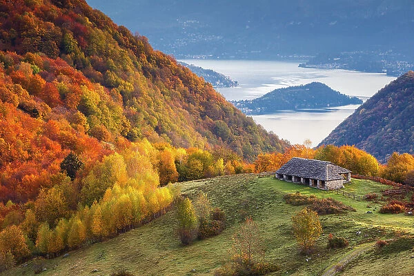 Autumn view of Lenno and lake Como from Piano delle Alpi. Cerano d'Intelvi, Intelvi valley (val d'Intelvi), lake Como, Como province, Lombardy, Italy